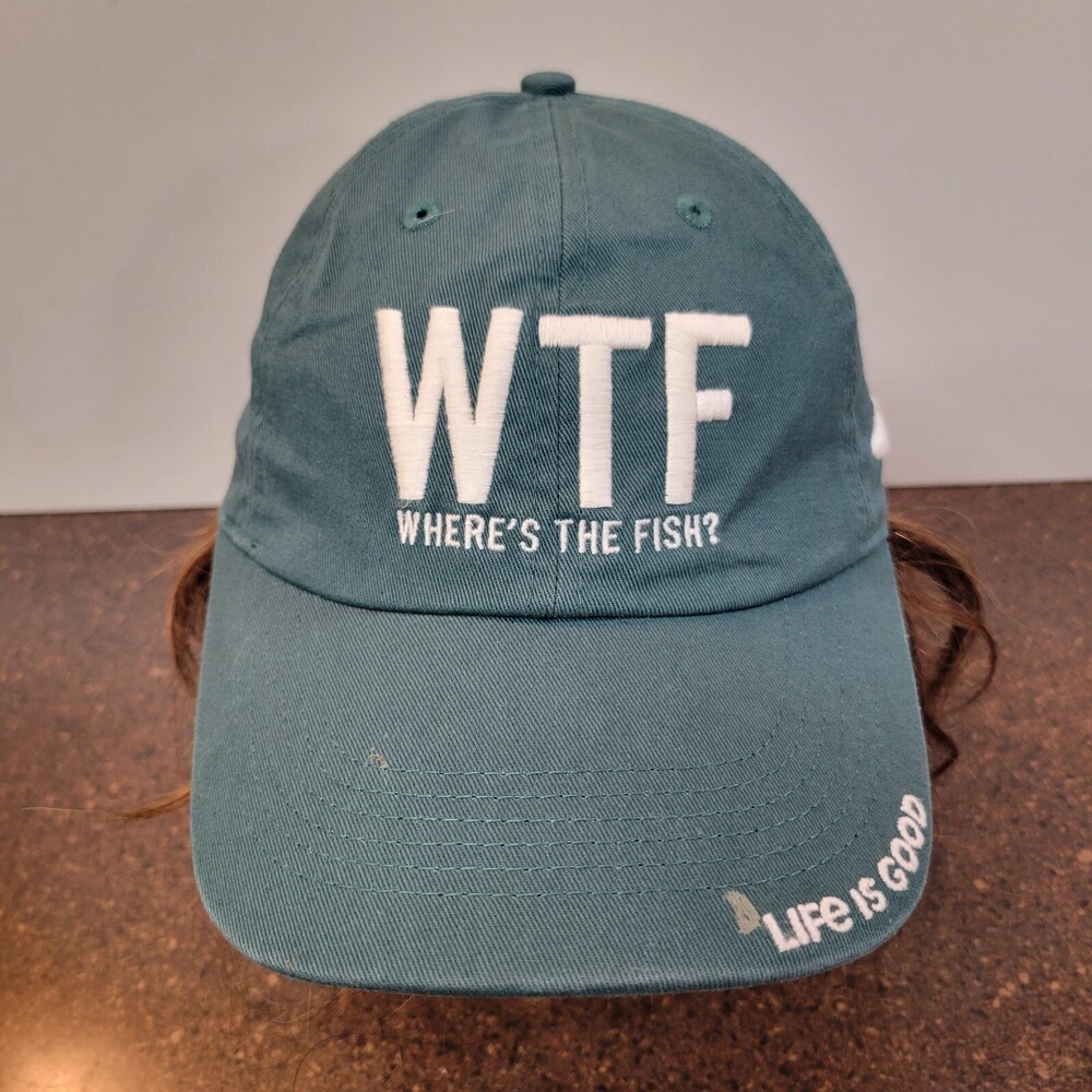 Vintage WTF Where's The Fish Baseball Cap Mens Green Cotton Washed Strapback Hat